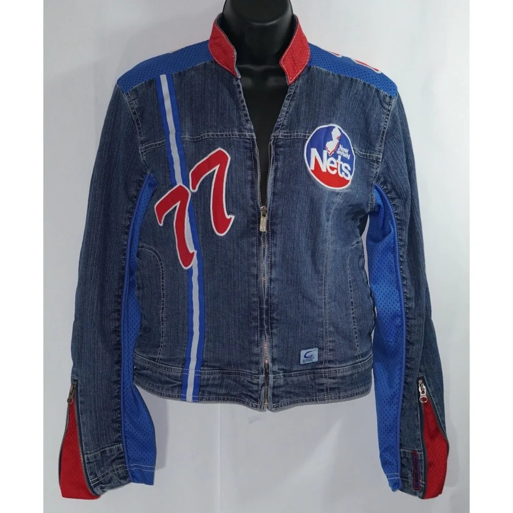 New Jersey Nets 77 NBA Denim Jean Jacket Size L - Picture 2 of 8